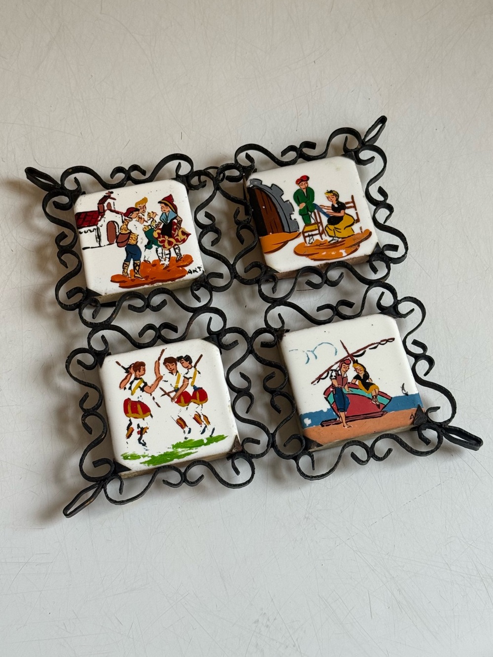 9x9" Spanish Mid Century Wrought Iron Tiled Trivet Wall Hanging Kitchen Decor